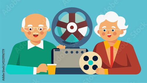 A pair of elderly filmmakers sit side by side carefully editing their latest documentary together on a vintage film reel.. Vector illustration