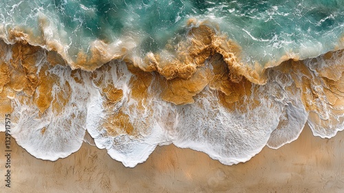 Golden beach waves crashing on shore
