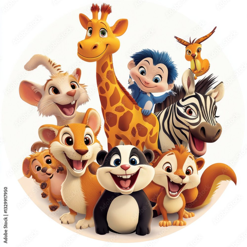 Naklejka premium animals, icon, wild , forest, characters, child, children , cute, concept art, baby, baby room, toddler, wall, painting, colorful , happy , cartoon ,