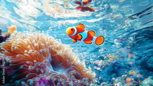 Clownfish swimming in a vibrant underwater scene ocean depths gigapixel image coral reef close-up view aquatic life photo