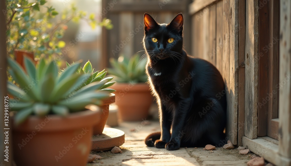 Elegant black cat with captivating yellow eyes sits in a sunlit garden near succulent plants and a weathered wooden fence. Elegant black cat with captivating yellow eyes sits in a sunlit garden near succulent plants and a weathered wooden fence.