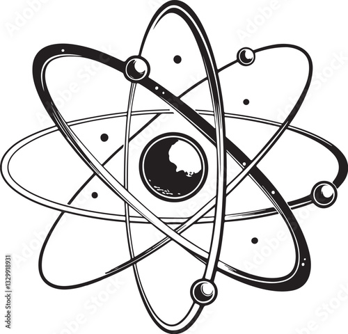 Atom Science Physics Black and White Vector Illustration, Sketch Drawing Line Linear Engraving, Hand-drawn Isolated