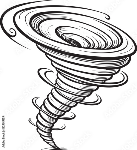 Tornado Hurricane Twister Black and White Vector Illustration, Sketch Drawing Line Linear Engraving, Hand-drawn Isolated