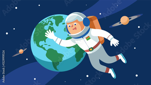 A scene of a senior astronaut conducting a spacewalk gracefully floating through the emptiness with the Earth in the background.. Vector illustration