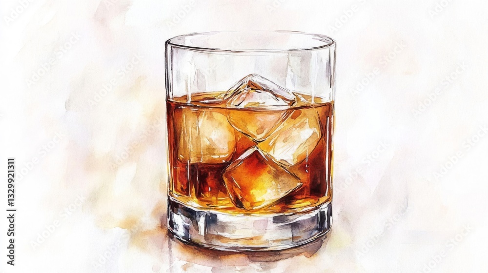 Watercolor Illustration of Whiskey in Rocks Glass Watercolor Illustration of Whiskey in Rocks Glass