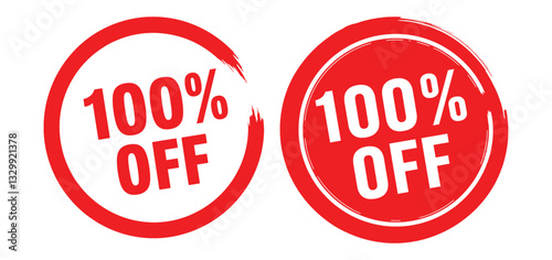 Unbeatable Savings: A dynamic duo of striking red circular seals proudly declare "100% OFF", designed to captivate shoppers and trigger instant buying decisions