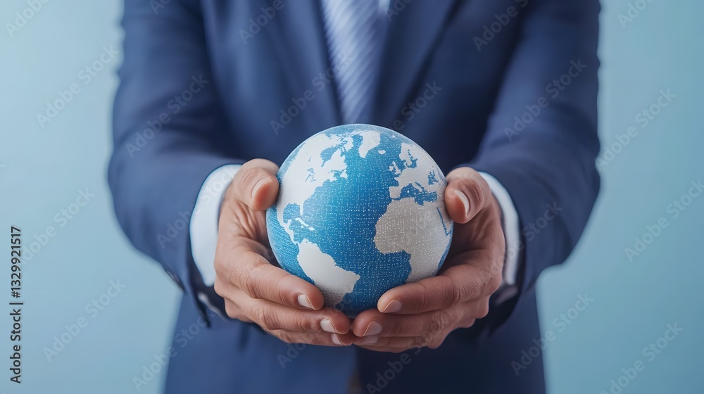 Businessman Holding Digital Earth with Sustainability Icons for Eco-Friendly Solutions Businessman Holding Digital Earth with Sustainability Icons for Eco-Friendly Solutions