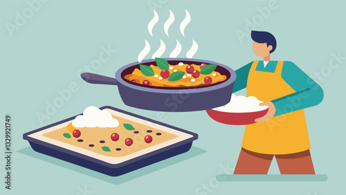 The finished dish is carefully removed from the oven and served hot with a side of rice and beans.. Vector illustration