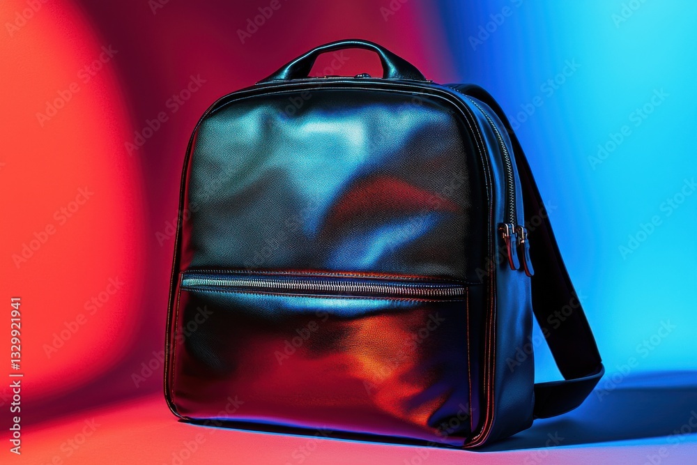 Fototapeta premium A sleek and modern black leather backpack illuminated by vibrant red and blue lighting, showcasing its stylish design and texture against a colorful backdrop.