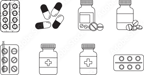 medicament icon set. isolated vector pharmaceutical and treatment symbols. simple style medical design elements