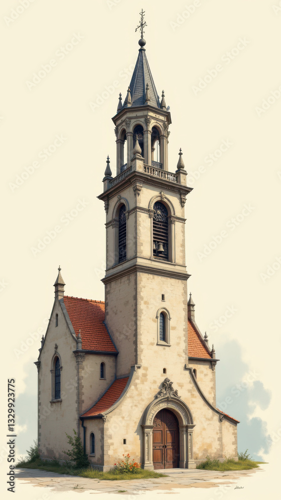 Charming illustration of a classic Gothic-style church with a bell tower. Charming illustration of a classic Gothic-style church with a bell tower.