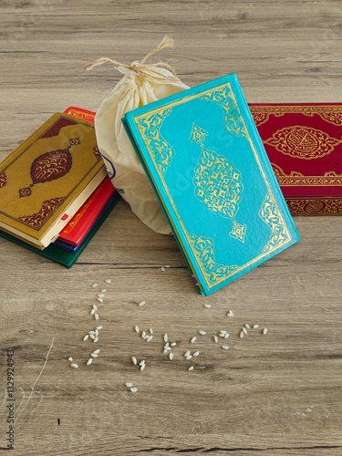 Ramadan, Hands holding a money bag for zakat, Islamic zakat concept. Closeup Hands giving bowl of rice for zakat fitrah. Conceptual photo for ‘zakat’ or ‘eidy’ on the occasion of Eid festival. Rice in