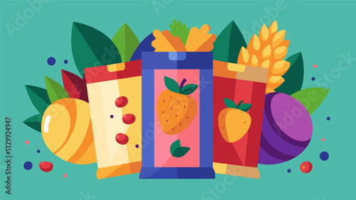 A vibrant selection of organic snack packs with options like crispy freezedried berries and raw almond s.. Vector illustration