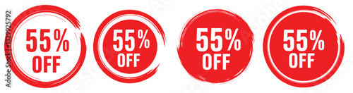 "55% off promotional badges: eye-catching round badges proclaiming "55% off," perfect for sales, discounts, and promotional campaigns, presented in a vibrant and appealing design.