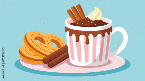 The perfect treat after a day of skiing was a cup of hot chocolate and a pile of sweet doughy churros drizzled with chocolate sauce.. Vector illustration