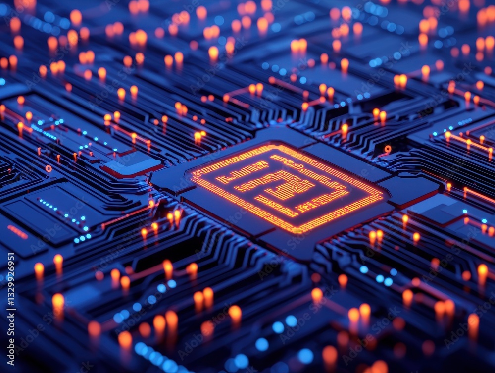 Obraz premium A vibrant circuit board with glowing elements, showcasing the intricate digital of technology and innovation.