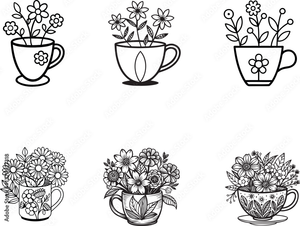 Art, Artwork, Beauty, Black, Black-and-white, Botanical, Bouquet, Clip, Coffee cup,