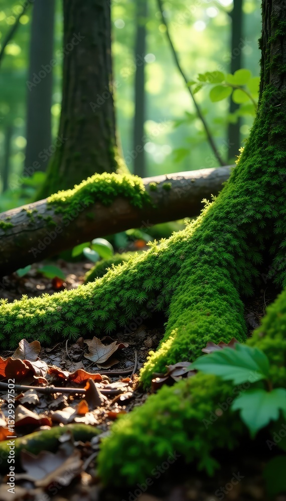 Obraz premium Wet moss on forest floor with fallen tree trunk, foliage, moss, forest