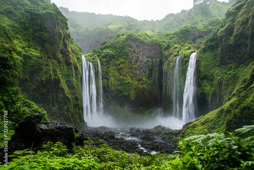 Lush alien rainforest with towering waterfalls cascading into a misty valley on a newly discovered planet, generative AI