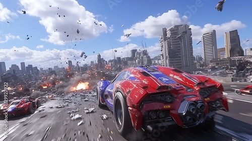 Futuristic Cars Racing Through a Destroyed Cityscape Under a Cloudy Sky