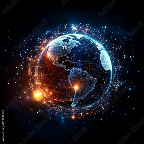 glowing Earth is surrounded by a digital firewall, global data protection. Cybernetic elements weave around the planet, representing a protective network. Deep blue tones, futuristic aesthetic