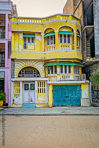 Fototapeta Naklejka Na Ścianę i Meble -  Vibrant Colourful Digital Art Illustration - A generic French-style buildings street in a union territory at French colony, Pondicherry also as Puducherry, Tamil Nadu, South India.