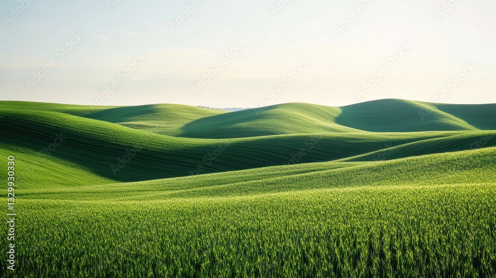 Naklejka premium Vibrant green hills undulate under a clear sky, showcasing the beauty of nature in a tranquil landscape.