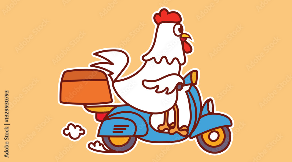 Naklejka premium Cute white chicken riding a blue delivery scooter, carrying a package. Simple and clean vector, perfect for stickers, delivery service icons, and transportation concepts. Flat cartoon style.