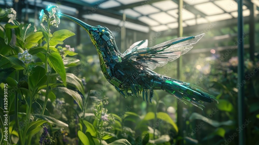Fototapeta premium A stunning metallic hummingbird, blending technology with nature, hovers near a flower in a vibrant greenhouse.