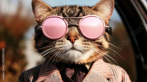 A stylish tabby cat in pink sunglasses and a dapper suit exudes confidence and charm.