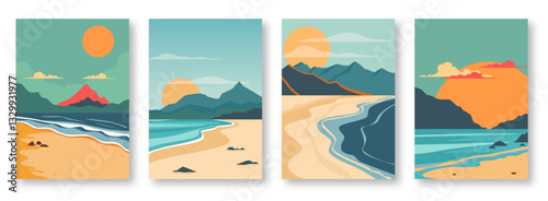 Set of landscapes of paradise sunset beaches. Beautiful sandy beaches with palm trees, sea with waves and mountains with amazing sunset. Vertical editable vector illustration for printing.