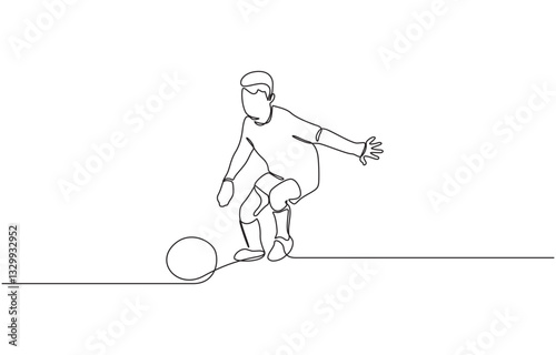 Kid young boy playing soccer football sport lifestyle line art, A kid playing football one continuous line drawing vector illustration isolated on white background. Minimalist design concept.