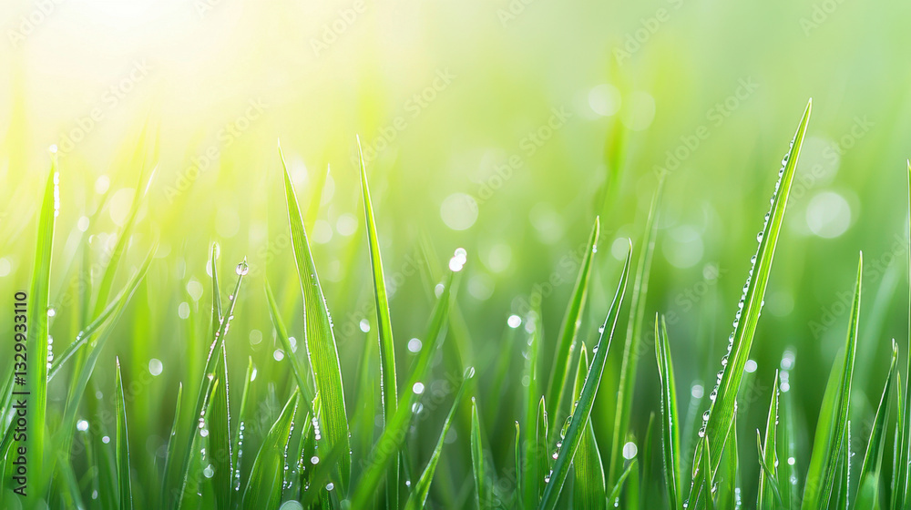 Obraz premium Vibrant green grass with morning dew glistening under soft sunlight.