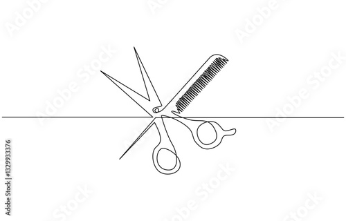 Scissor and comb continuous one line drawing vector illustration, Set of scissors and comb one line continuous drawing vector illustration. Hand drawn linear silhouette icon.
