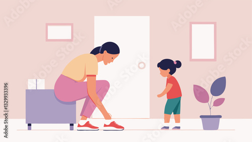 Happy Mother's Day: A heartwarming illustration of a mother patiently helping her daughter tie her shoelaces, a tender moment of connection and love, depicted in a stylish and     