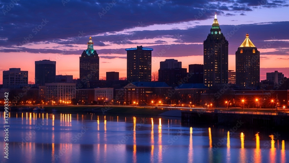 Fototapeta premium Syracuse skyline at twilight with reflecting city lights