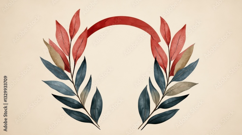 Watercolor Wreath of Red Gray Beige Leaves on Beige Background Watercolor Wreath of Red Gray Beige Leaves on Beige Background