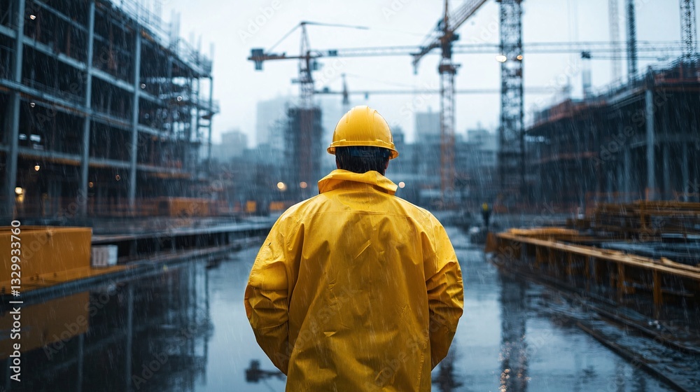 Mechanical Engineer in Bright Yellow Raincoat Walking Through Wet Construction Site Under Heavy Rain Mechanical Engineer in Bright Yellow Raincoat Walking Through Wet Construction Site Under Heavy Rain