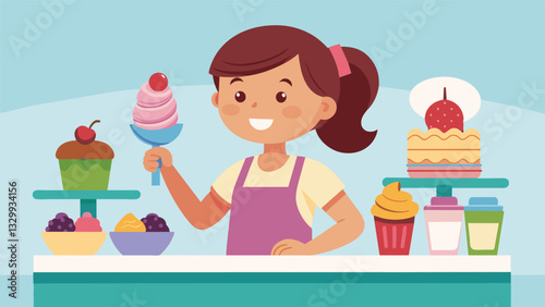 A young girl carefully selecting her favorite toppings and concocting a unique sundae at the ice cream bar with a look of pure delight on her face.. Vector illustration