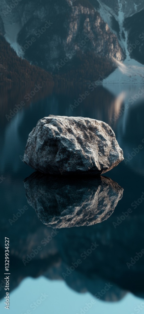 Fototapeta premium A lone boulder on the surface of an extremely calm lake. A stone with reflection on the water of a calm lake.