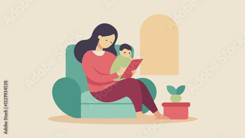 Cozy Mother's Day: A heartwarming illustration of a loving mother gently holding her baby, nestled in a comfortable reading nook, enjoying a precious moment of quiet togetherness, 
