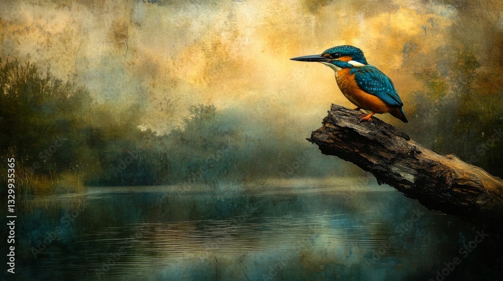 Obraz premium Kingfisher Perched on Branch by Water at Sunset