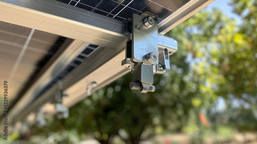 Close-up view of a solar panel mounting bracket, showcasing its metallic texture and sturdy design for optimal sunlight capture. Close-up view of a solar panel mounting bracket, showcasing its metallic texture and sturdy design for optimal sunlight capture.