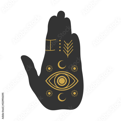 Silhouette of a magical hand with a sacred all seeing eye symbol. Mystical boho concept. Vector illustration