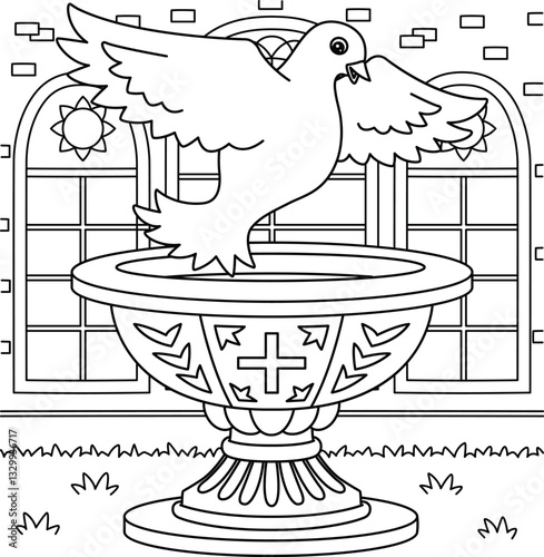 Baptism Dove and Baptismal Font Coloring Page 