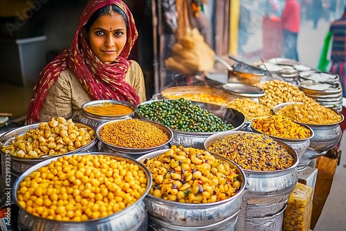 Vendor showcases vibrant snacks at bustling market stall in the afternoon sun.