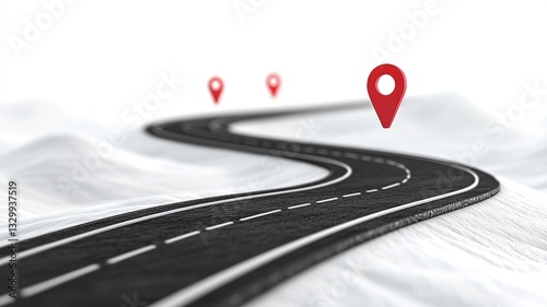 Conceptual 3D illustration of a winding grayscale road flowing dynamically on a white backdrop. Vibrant red location markers highlight key points along the path.