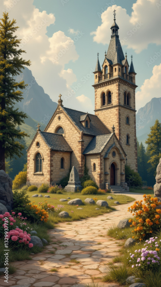 Naklejka premium A serene mountain village with a historic stone church under a clear sky.