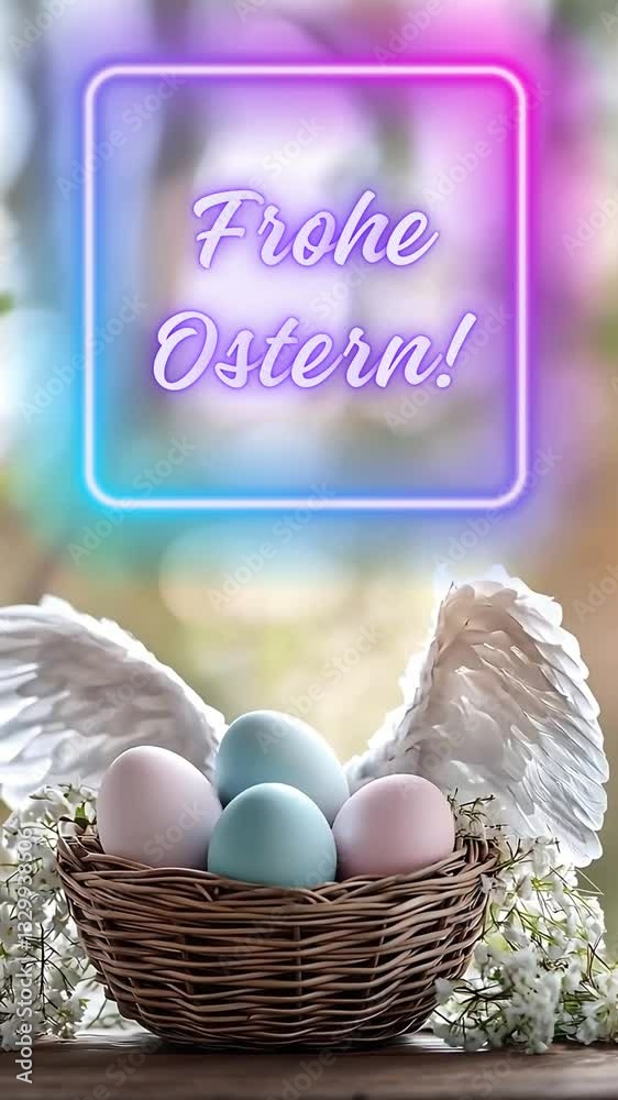 moderne, animierte Glückwünsche in den Neonfarben Pink und Blau anlässlich der Osterfeiertage; Ostereier in einem Korb, umgeben von gefiederten Engelsflügeln