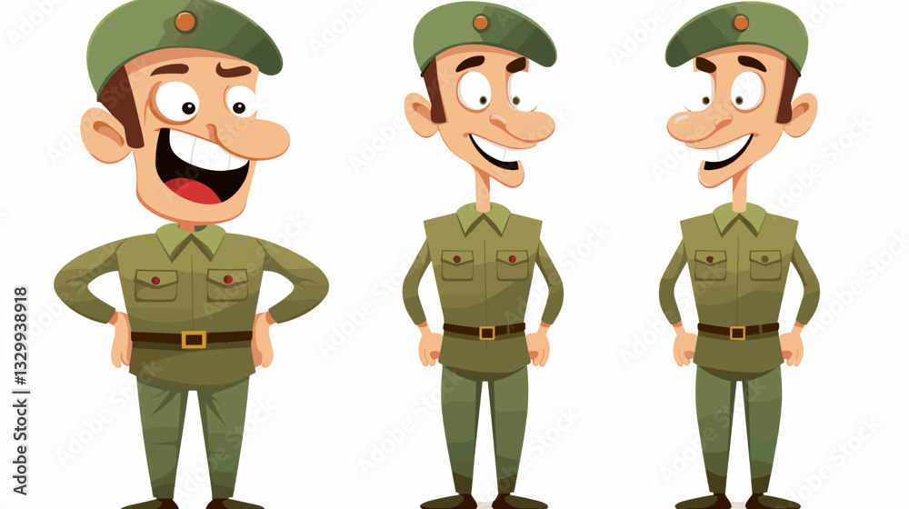 Naklejka premium Three cartoon soldiers in green uniforms standing confidently